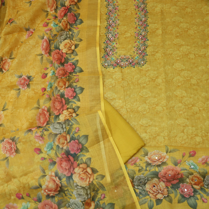 Falak Dijon Yellow Zari Detailing Floral Printed Shimmer Tissue Chanderi Set