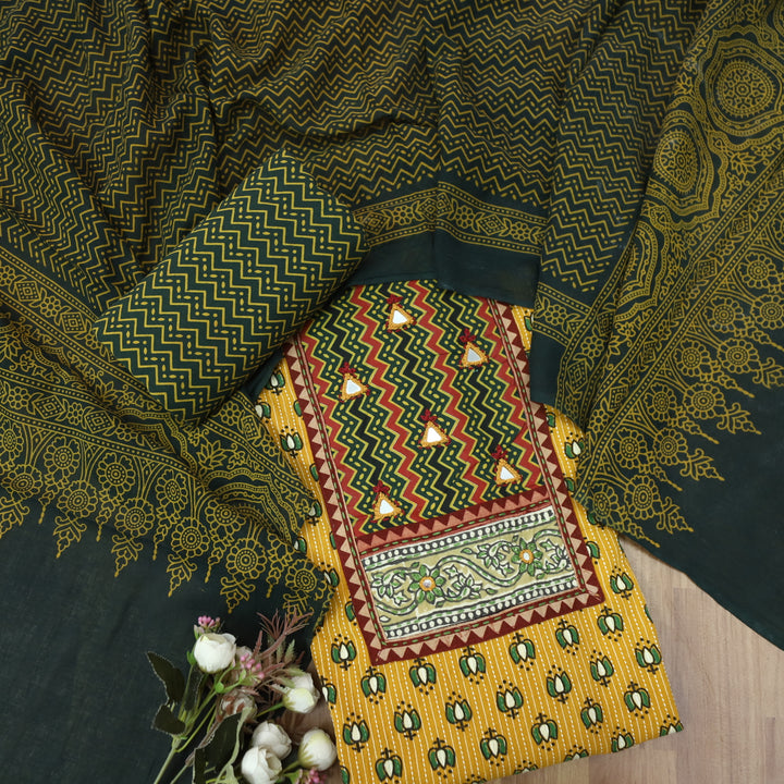 Chandni Corn Yellow Leheriya Printed Patch In Lotus Print Cotton Suit Set