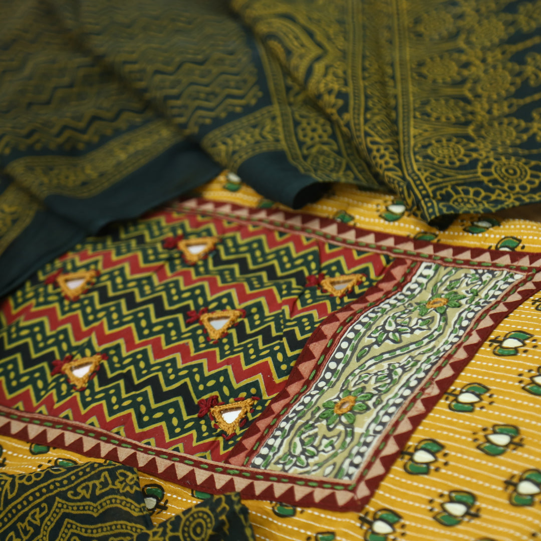 Chandni Corn Yellow Leheriya Printed Patch In Lotus Print Cotton Suit Set