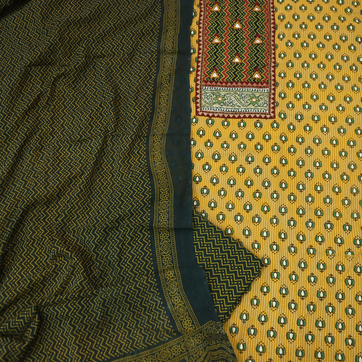Chandni Corn Yellow Leheriya Printed Patch In Lotus Print Cotton Suit Set