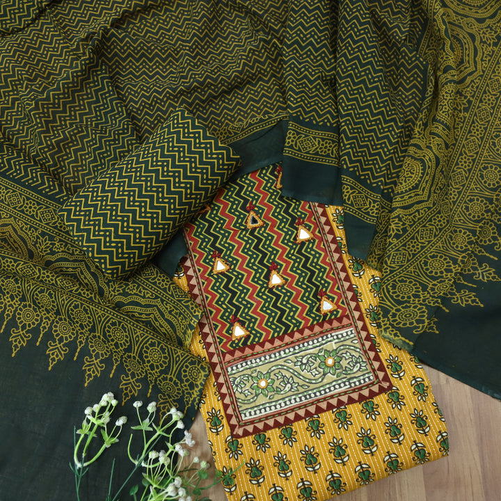 Chandni Canary Yellow Leheriya Printed Patch In Ajrak Print Cotton Suit Set