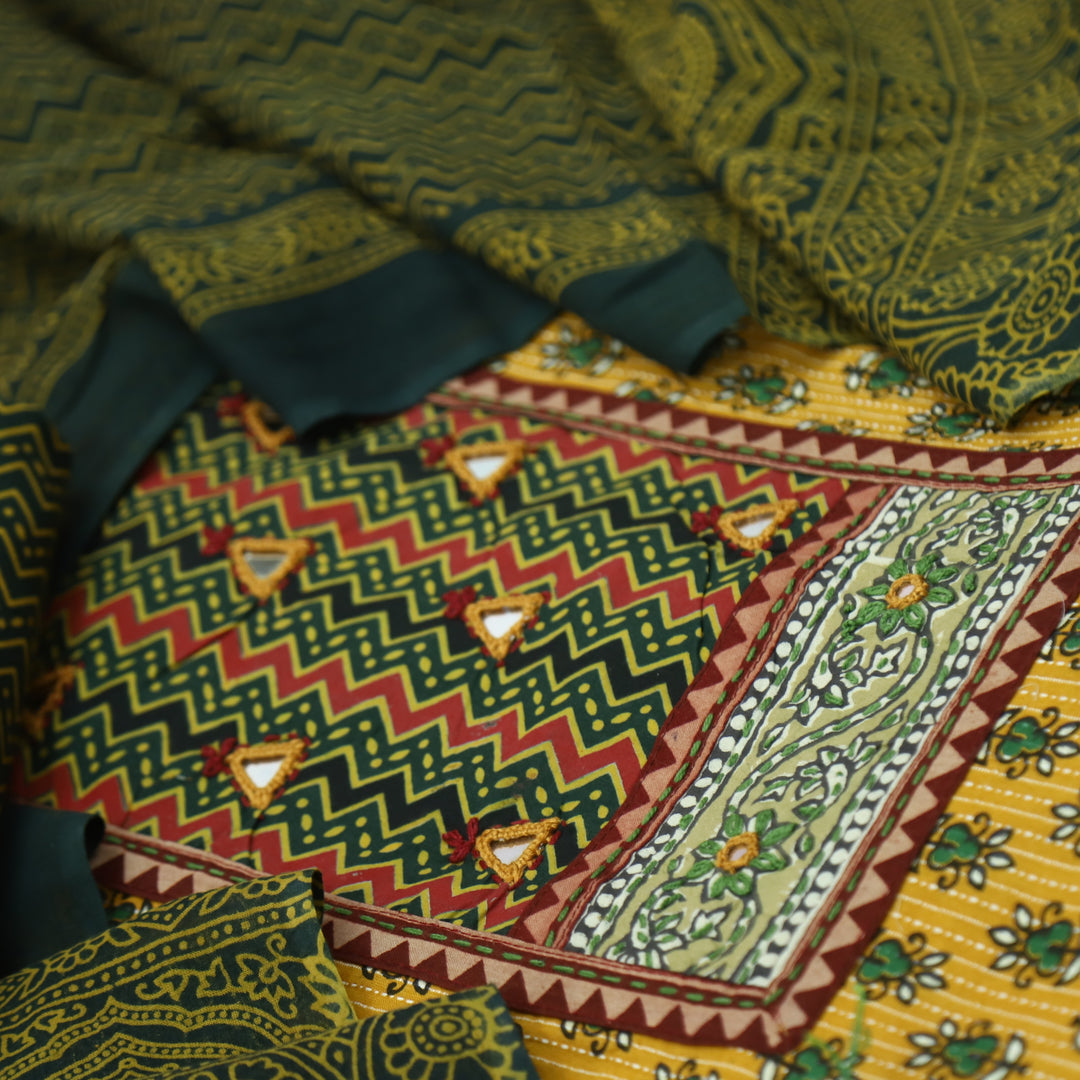 Chandni Canary Yellow Leheriya Printed Patch In Ajrak Print Cotton Suit Set