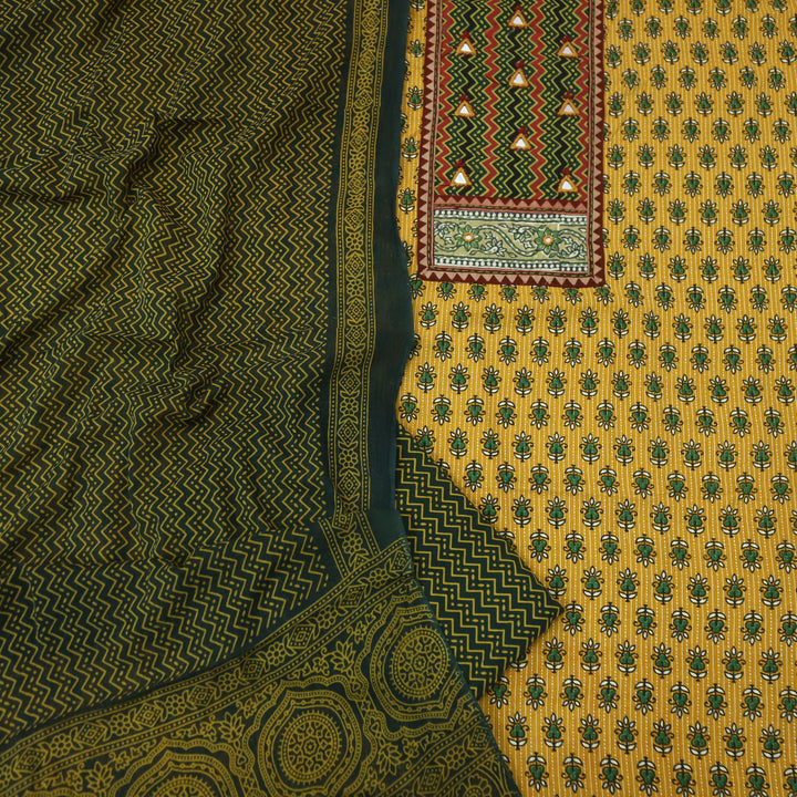 Chandni Canary Yellow Leheriya Printed Patch In Ajrak Print Cotton Suit Set