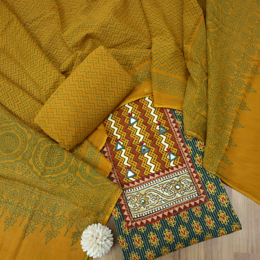 Chandni Grass Green Leheriya Printed Patch In Ajrak Print Cotton Suit Set