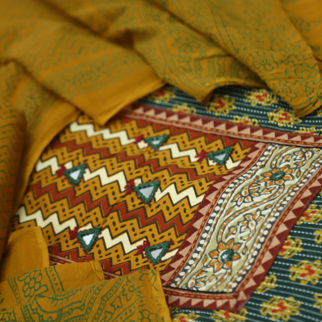 Chandni Grass Green Leheriya Printed Patch In Ajrak Print Cotton Suit Set