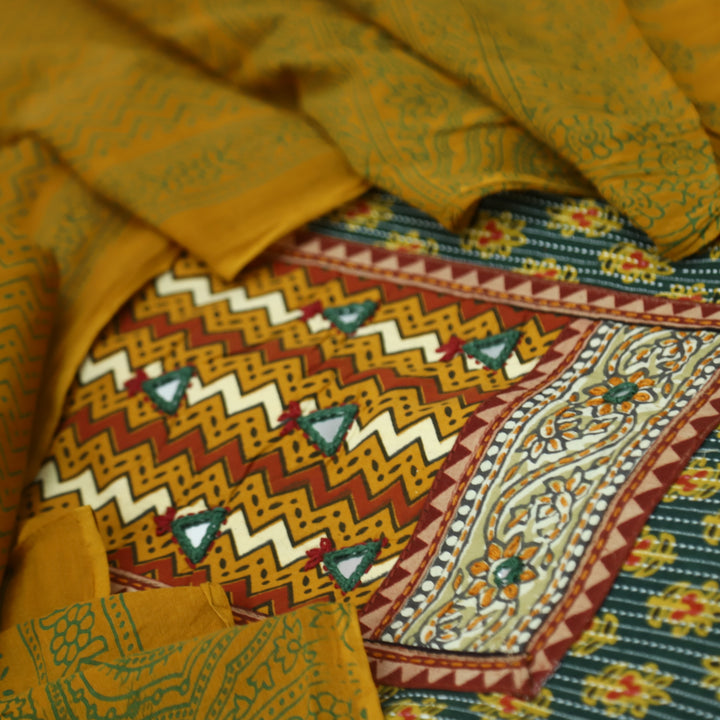 Chandni Grass Green Leheriya Printed Patch In Ajrak Print Cotton Suit Set
