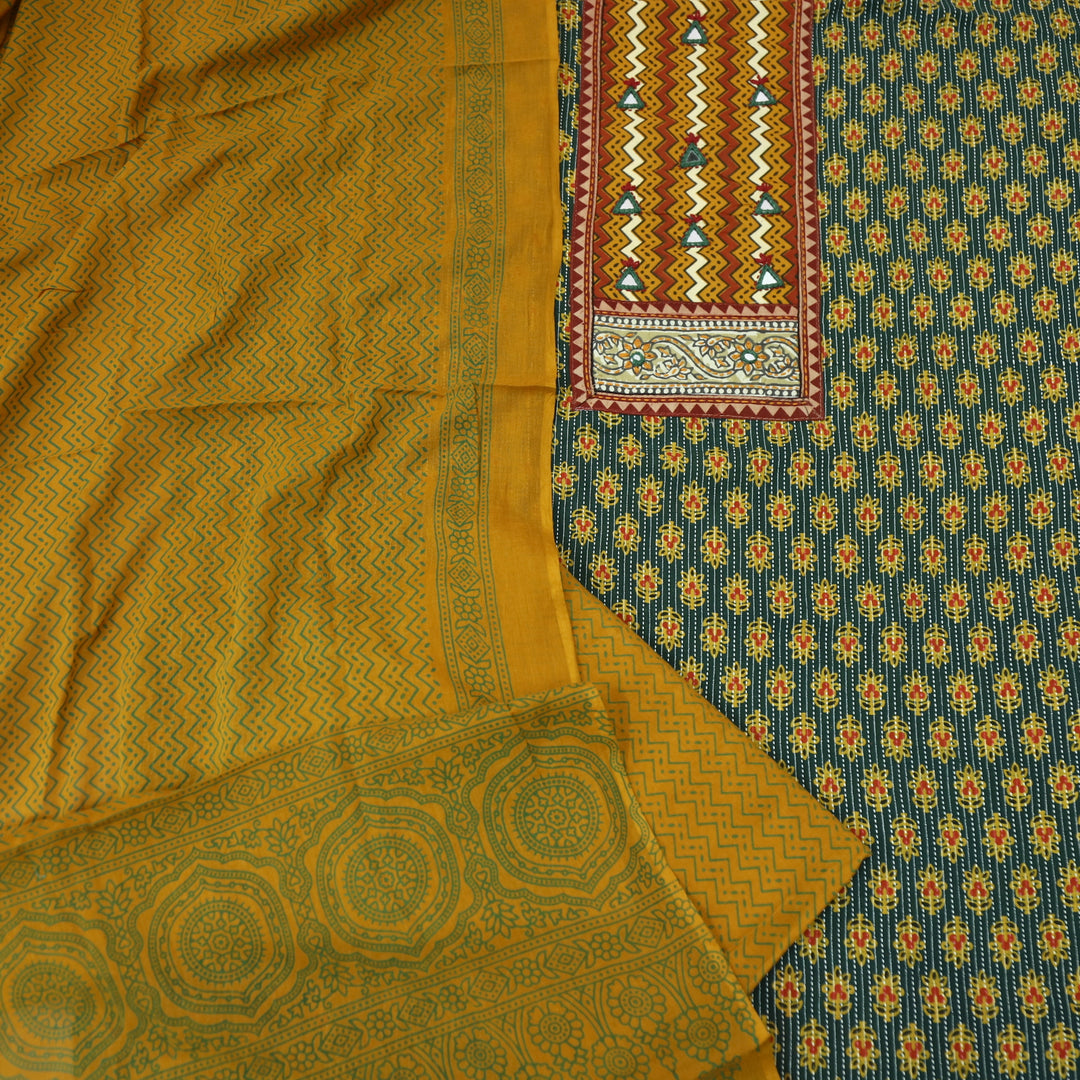 Chandni Grass Green Leheriya Printed Patch In Ajrak Print Cotton Suit Set