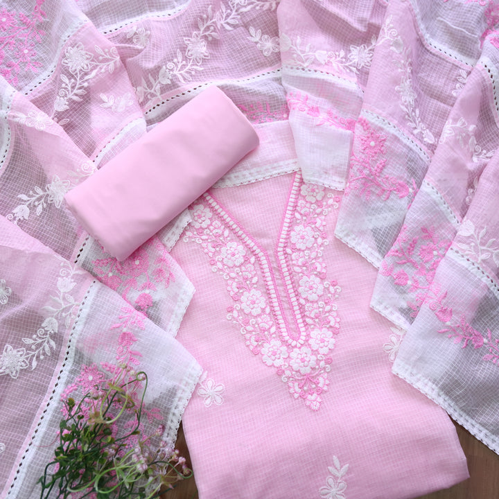 Geet Frosty Pink All Over Thread Embroidered Neck Work Kota Doriya Suit Set