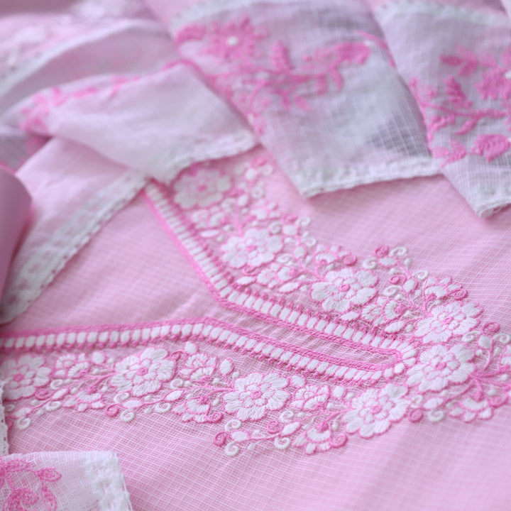 Geet Frosty Pink All Over Thread Embroidered Neck Work Kota Doriya Suit Set