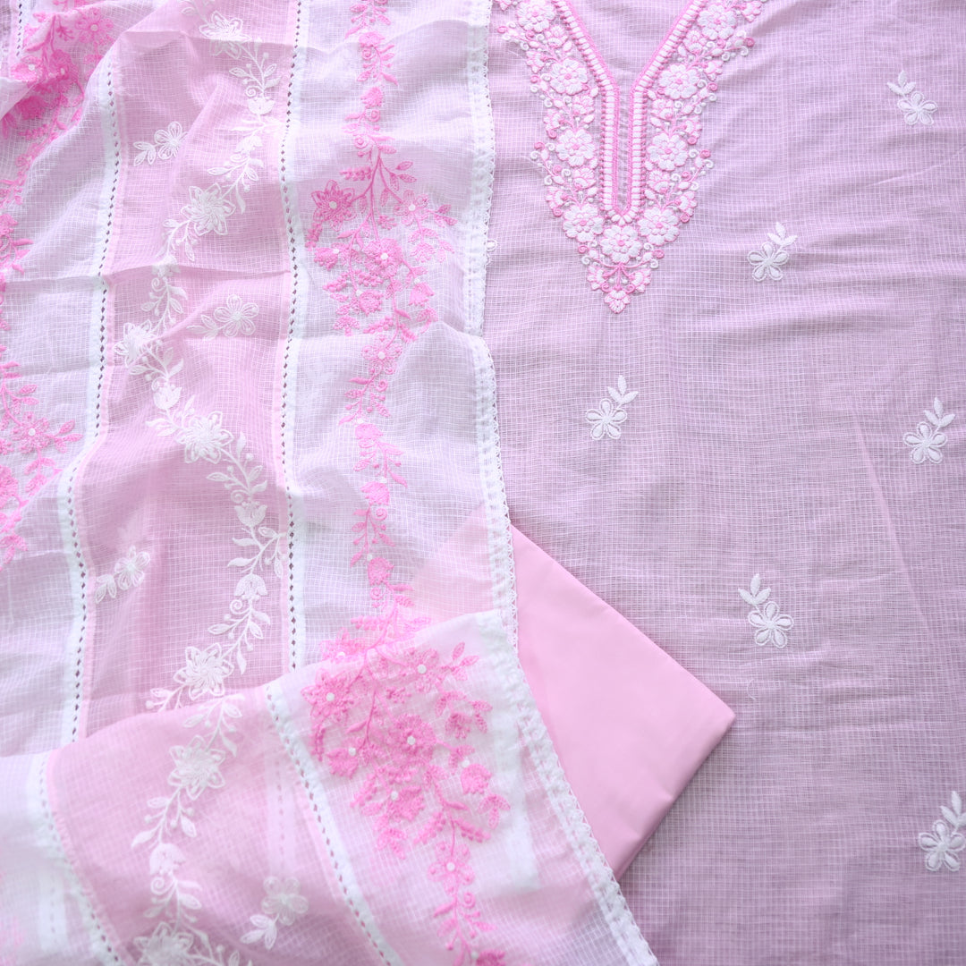 Geet Frosty Pink All Over Thread Embroidered Neck Work Kota Doriya Suit Set