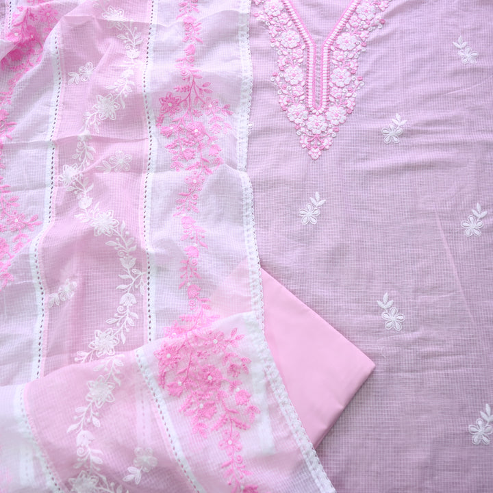 Geet Frosty Pink All Over Thread Embroidered Neck Work Kota Doriya Suit Set