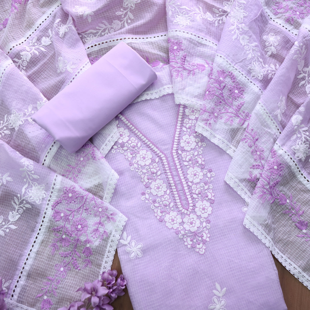 Geet Tulip Lilac All Over Thread Embroidered Neck Work Kota Doriya Suit Set