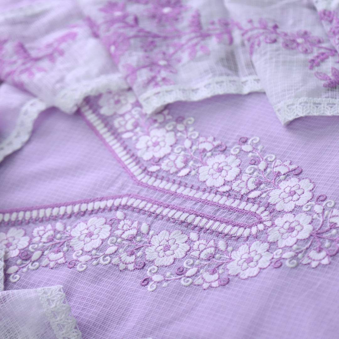 Geet Tulip Lilac All Over Thread Embroidered Neck Work Kota Doriya Suit Set