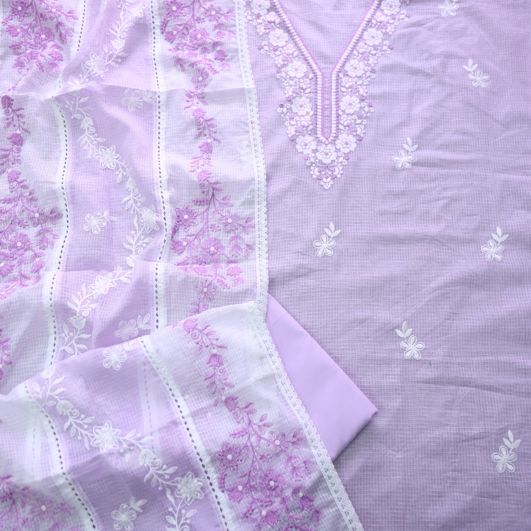 Geet Tulip Lilac All Over Thread Embroidered Neck Work Kota Doriya Suit Set