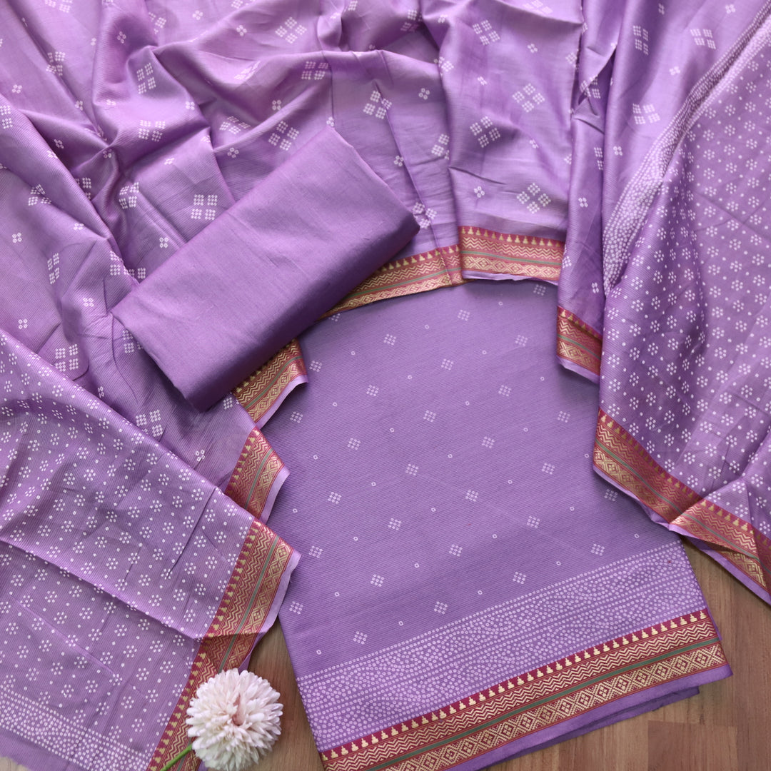 Nandani Orchid Lilac Bandhani Buti Print in Mangalgiri Hem Cotton Suit Set