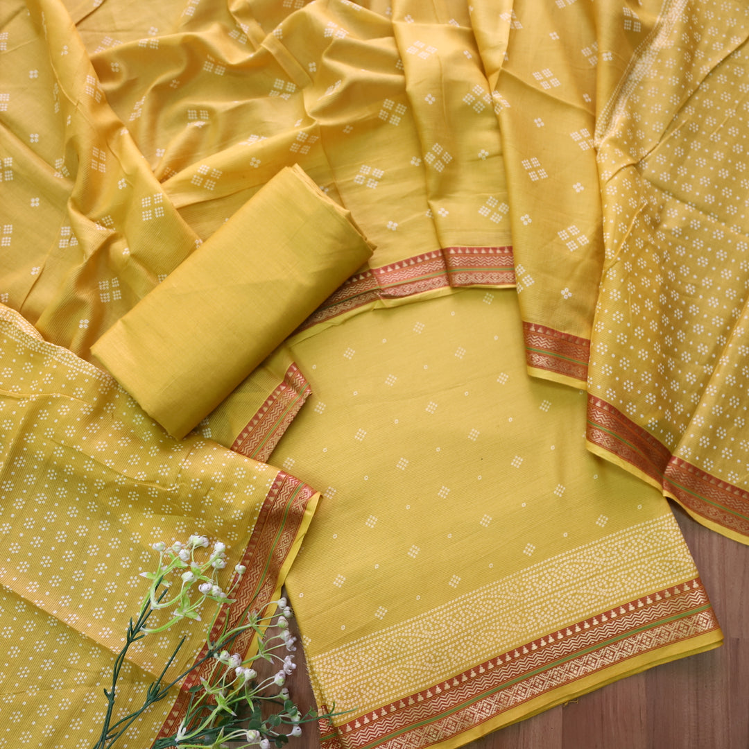 Nandani Corn Yellow Bandhani Buti Print in Mangalgiri Hem Cotton Suit Set