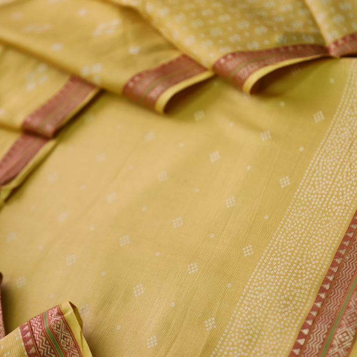 Nandani Corn Yellow Bandhani Buti Print in Mangalgiri Hem Cotton Suit Set