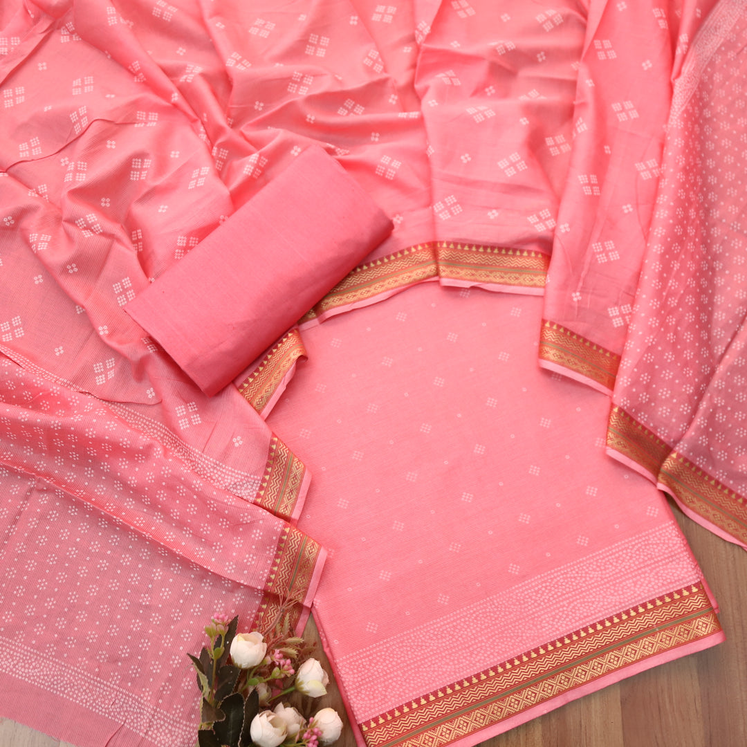 Nandani Flamingo Pink Bandhani Buti Print in Mangalgiri Hem Cotton Suit Set