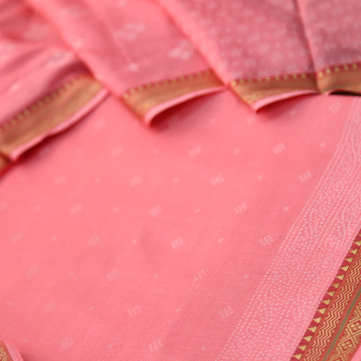 Nandani Flamingo Pink Bandhani Buti Print in Mangalgiri Hem Cotton Suit Set