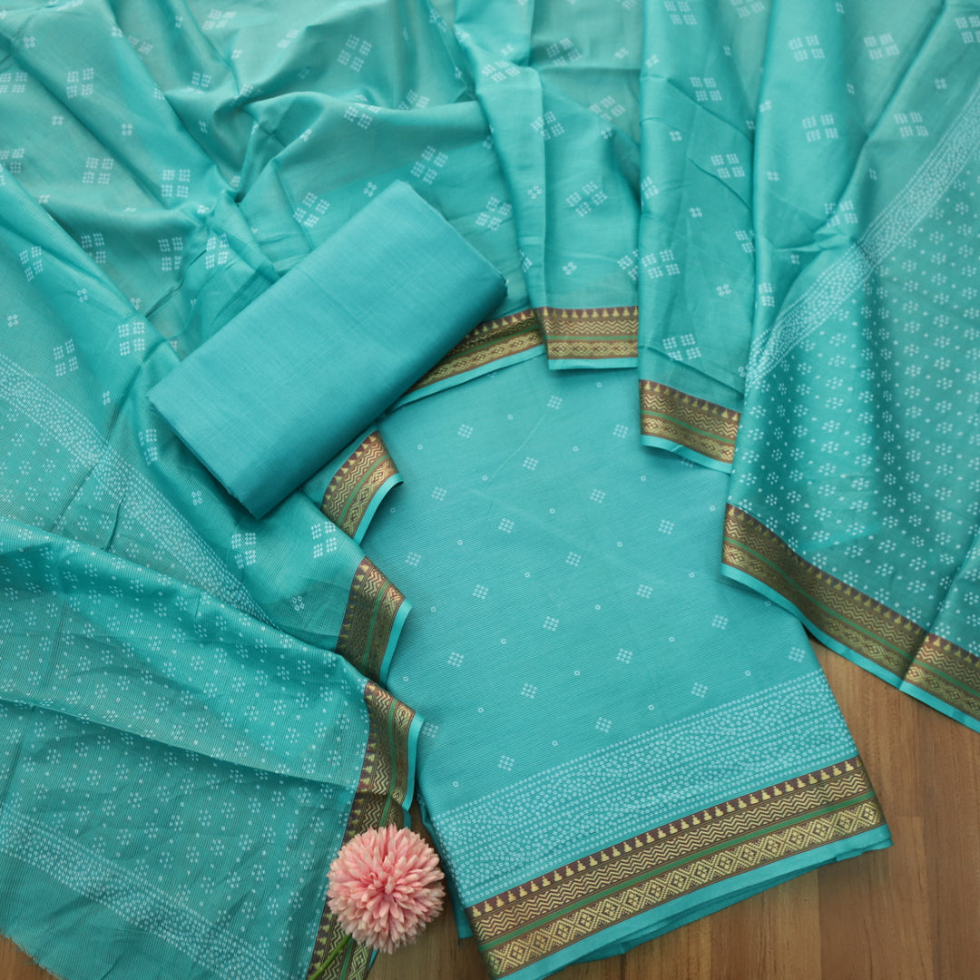 Nandani Aqua Blue Bandhani Buti Print in Mangalgiri Hem Cotton Suit Set