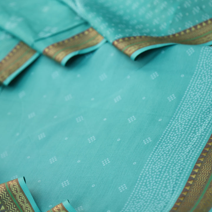Nandani Aqua Blue Bandhani Buti Print in Mangalgiri Hem Cotton Suit Set