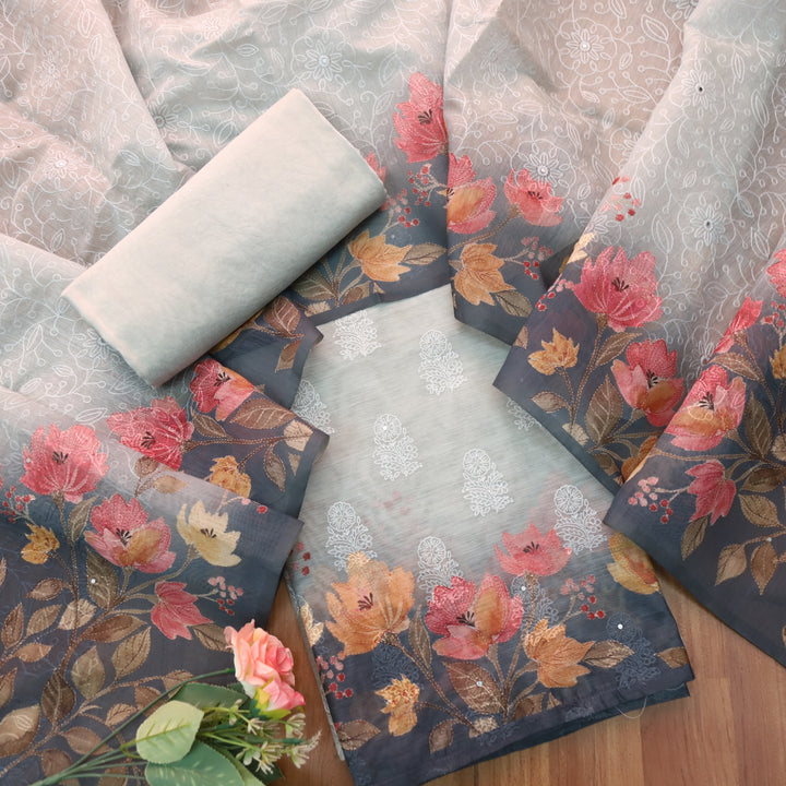 Geet Slate Grey Thread Weaved in Floral Printed Chanderi Suit Set