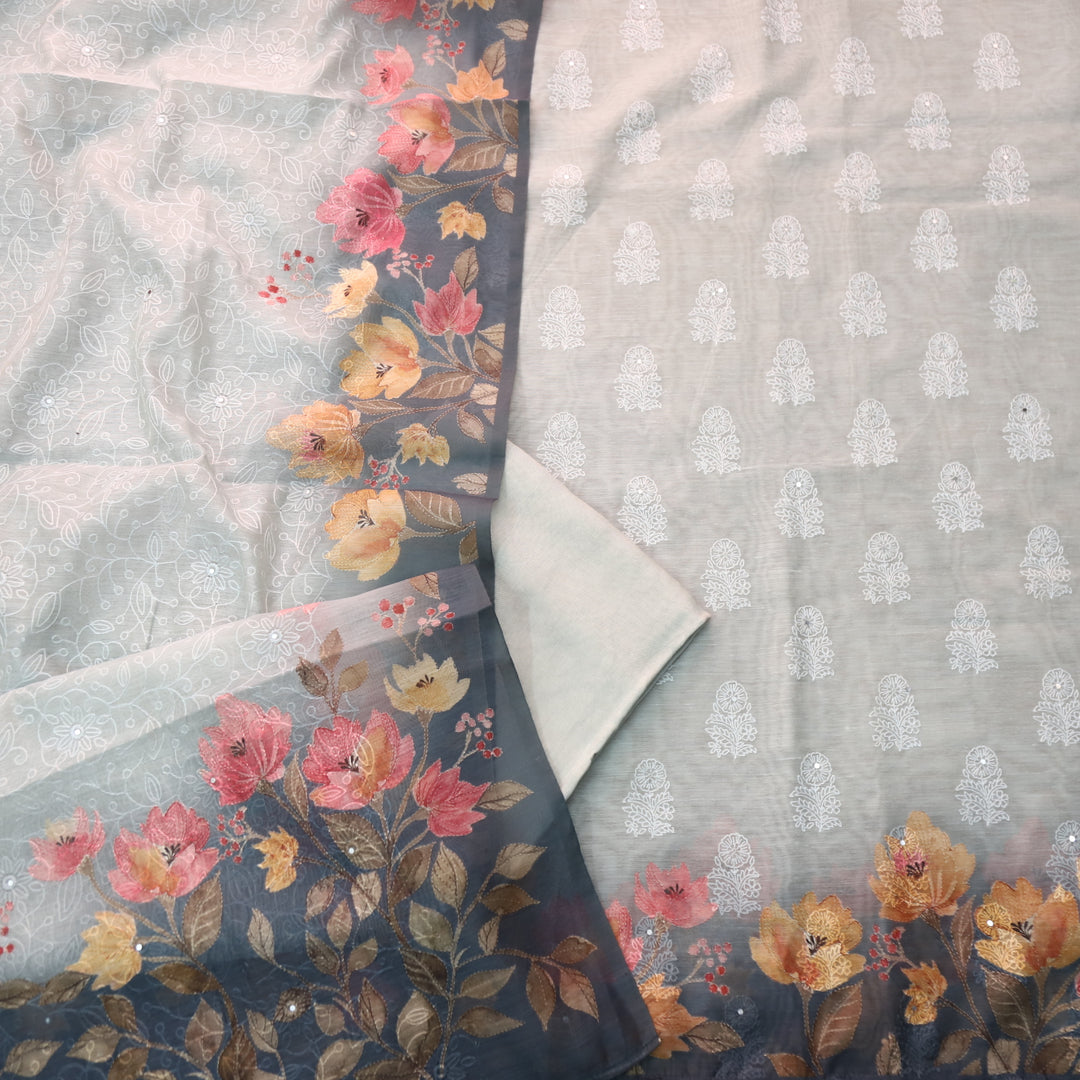 Geet Slate Grey Thread Weaved in Floral Printed Chanderi Suit Set