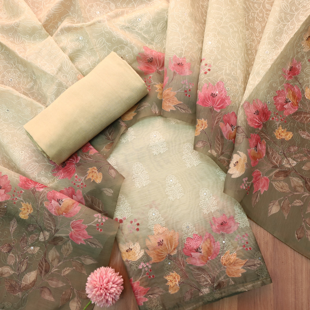 Geet Light Mint Green Thread Weaved in Floral Printed Chanderi Suit Set