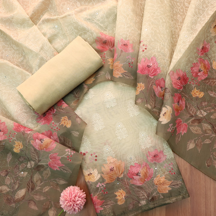 Geet Light Mint Green Thread Weaved in Floral Printed Chanderi Suit Set
