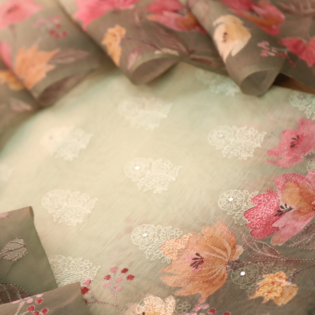 Geet Light Mint Green Thread Weaved in Floral Printed Chanderi Suit Set