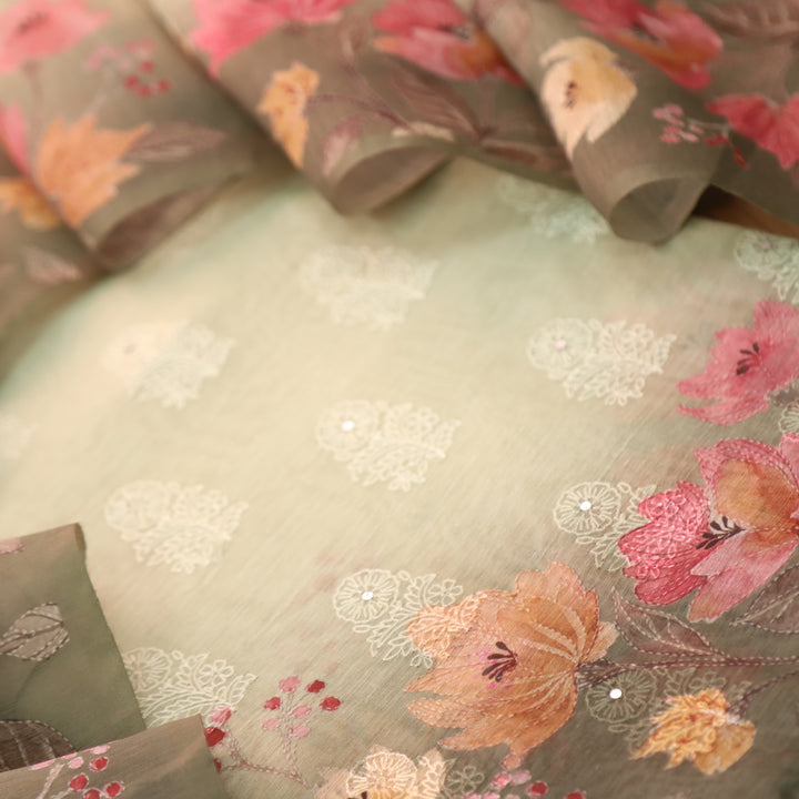 Geet Light Mint Green Thread Weaved in Floral Printed Chanderi Suit Set