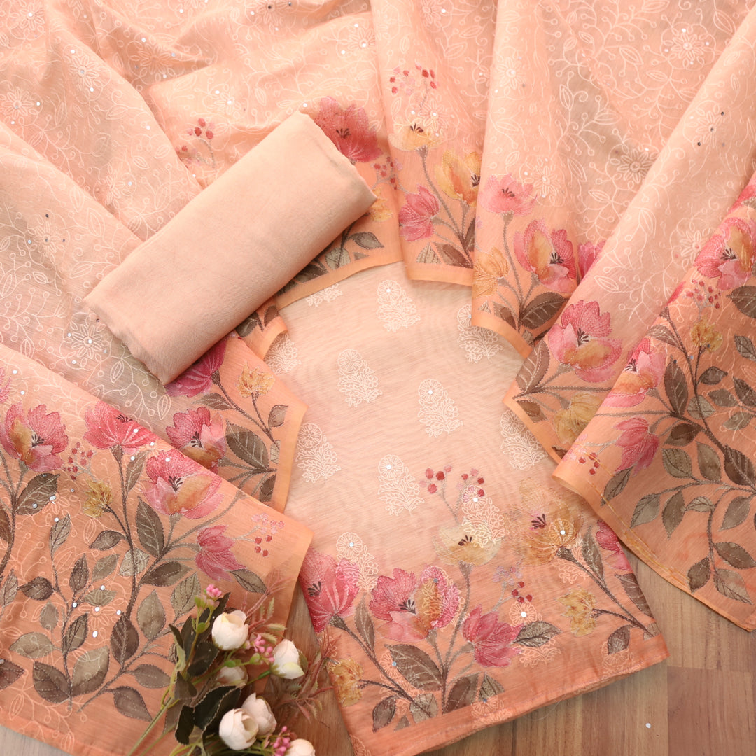 Geet Pastel Peach Thread Weaved in Floral Printed Chanderi Suit Set