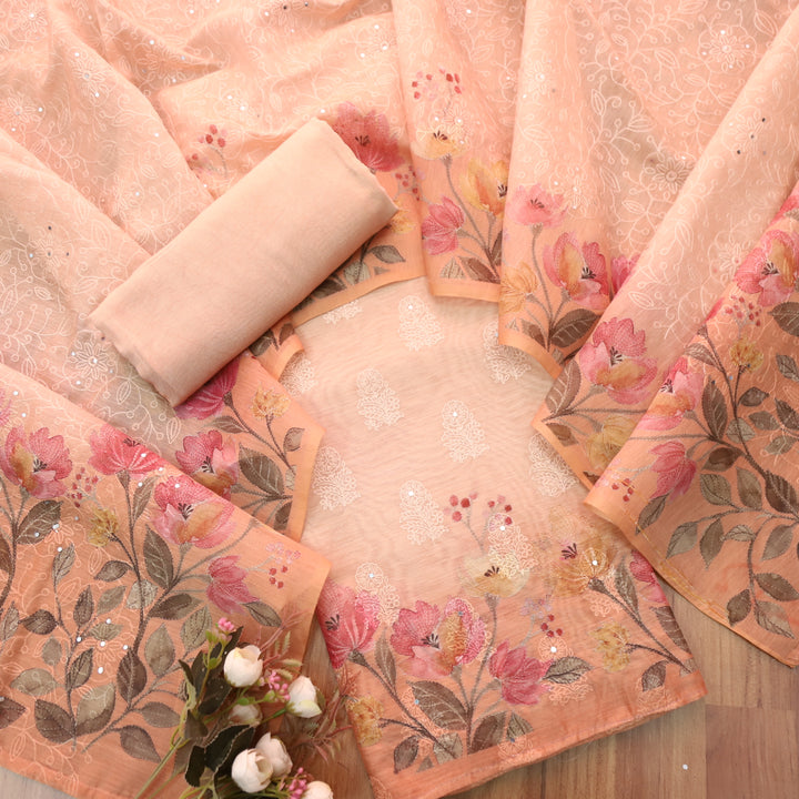Geet Pastel Peach Thread Weaved in Floral Printed Chanderi Suit Set