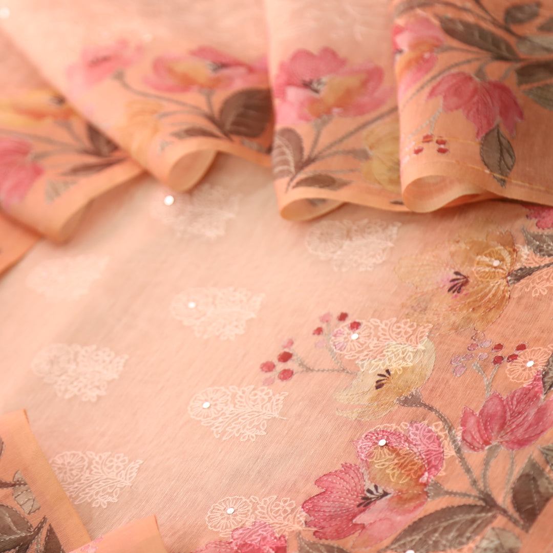 Geet Pastel Peach Thread Weaved in Floral Printed Chanderi Suit Set