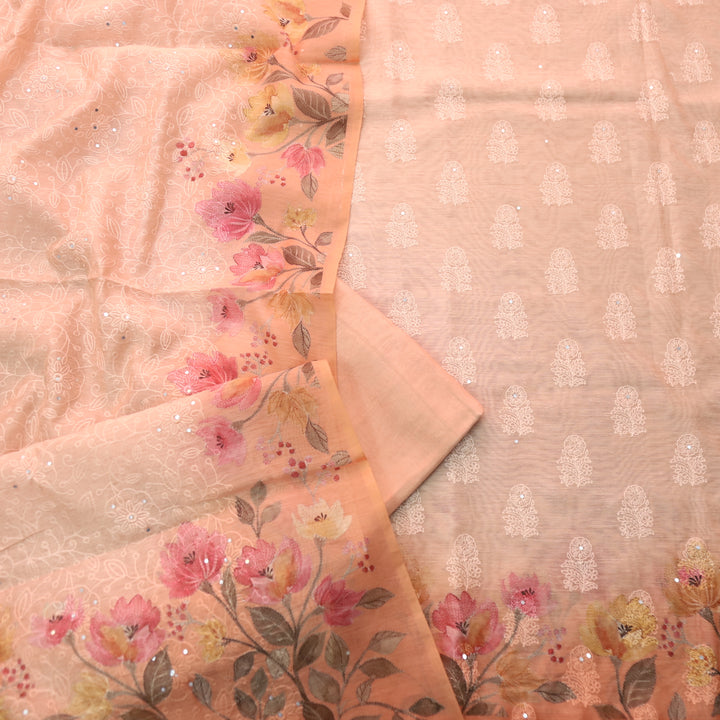 Geet Pastel Peach Thread Weaved in Floral Printed Chanderi Suit Set