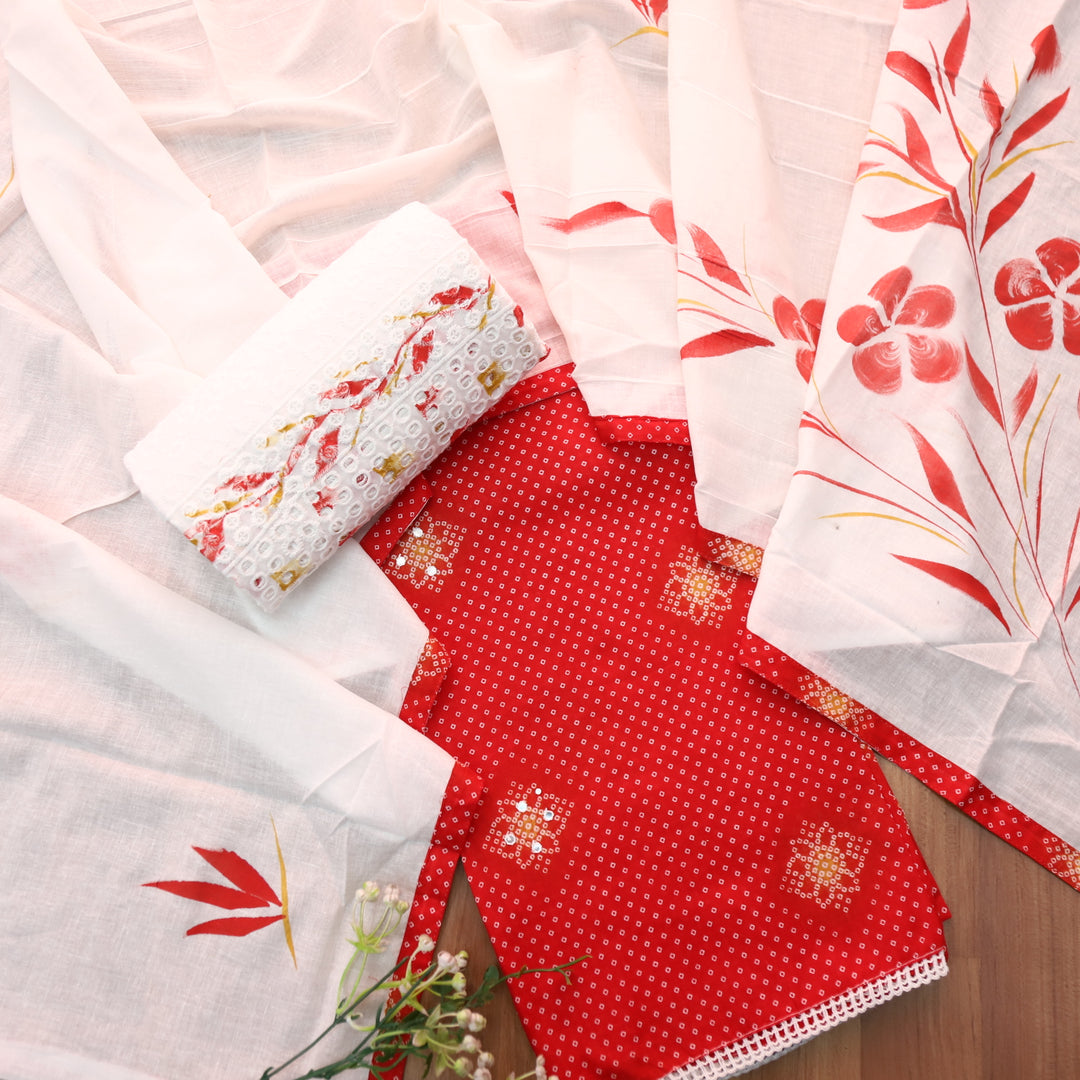 Riwa Bride Red Patra Work Detailing Bandhani Printed Cotton Suit Set