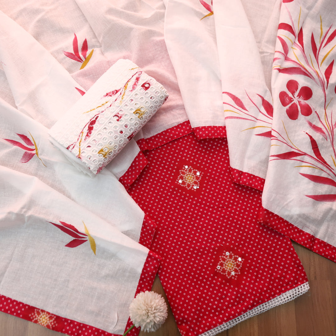 Riwa Rani Pink Patra Work Detailing Bandhani Printed Cotton Suit Set