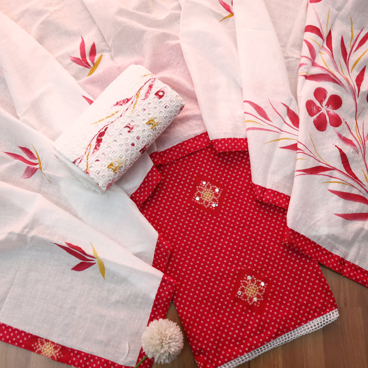 Riwa Rani Pink Patra Work Detailing Bandhani Printed Cotton Suit Set