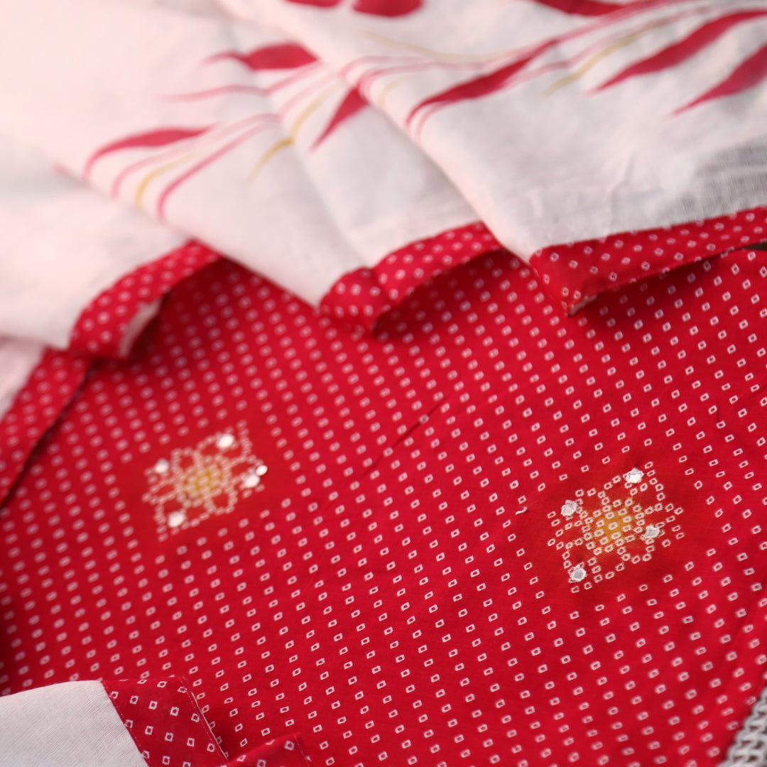 Riwa Rani Pink Patra Work Detailing Bandhani Printed Cotton Suit Set