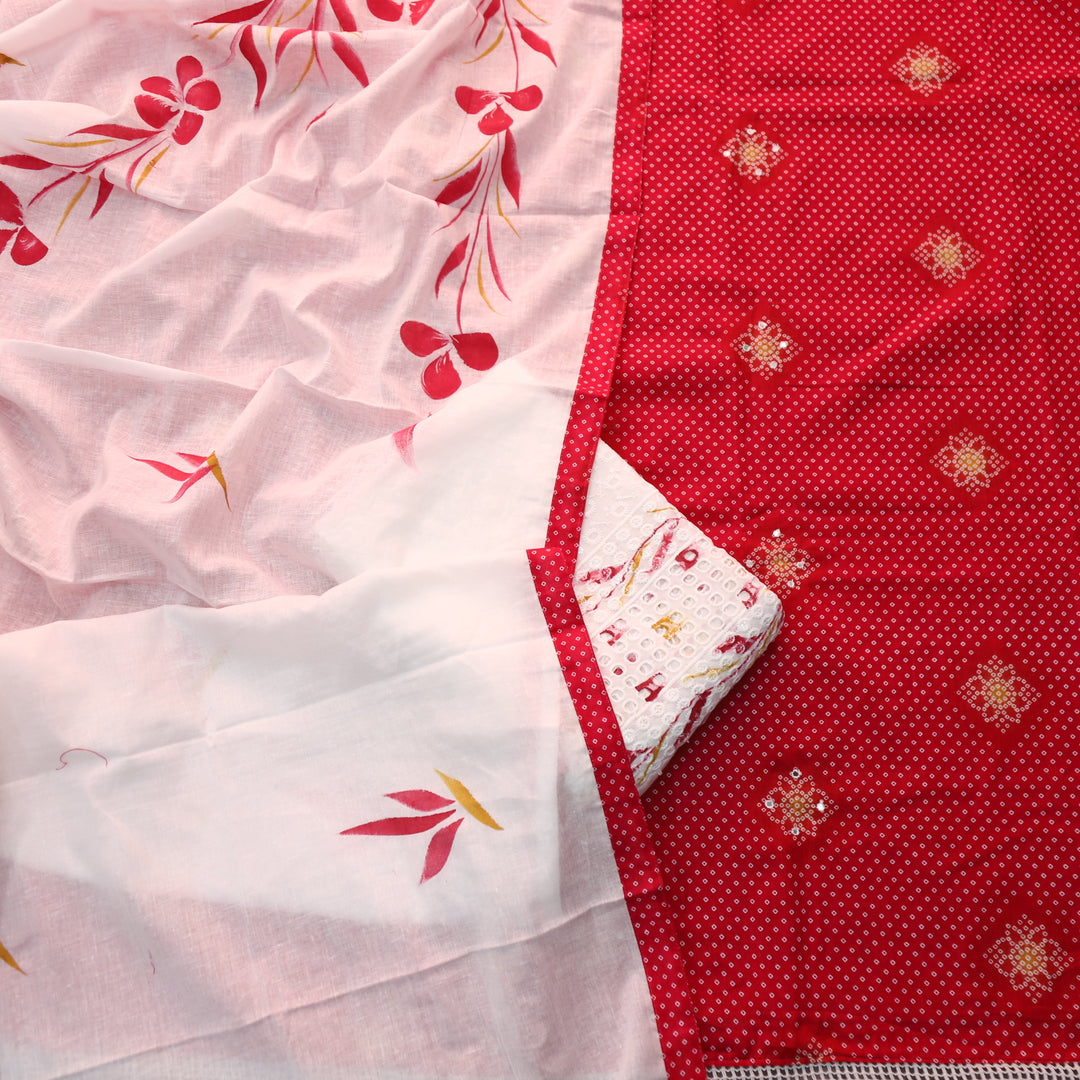 Riwa Rani Pink Patra Work Detailing Bandhani Printed Cotton Suit Set