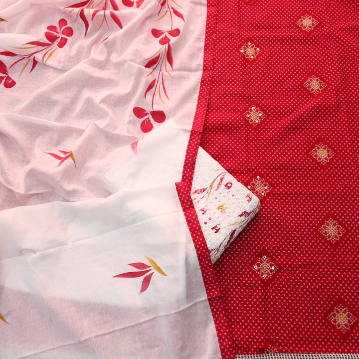 Riwa Rani Pink Patra Work Detailing Bandhani Printed Cotton Suit Set