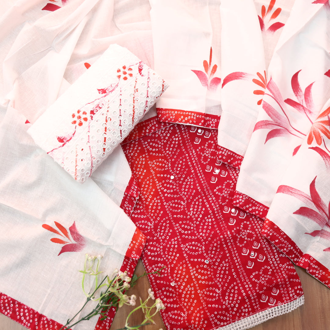 Riwa Cherry Red Patra Work Detailing Bandhani Printed Cotton Suit Set