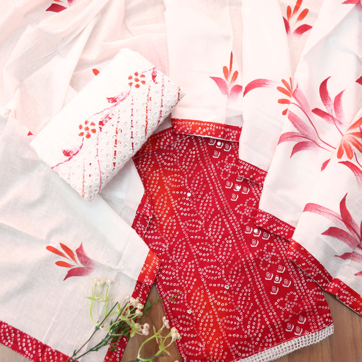 Riwa Cherry Red Patra Work Detailing Bandhani Printed Cotton Suit Set