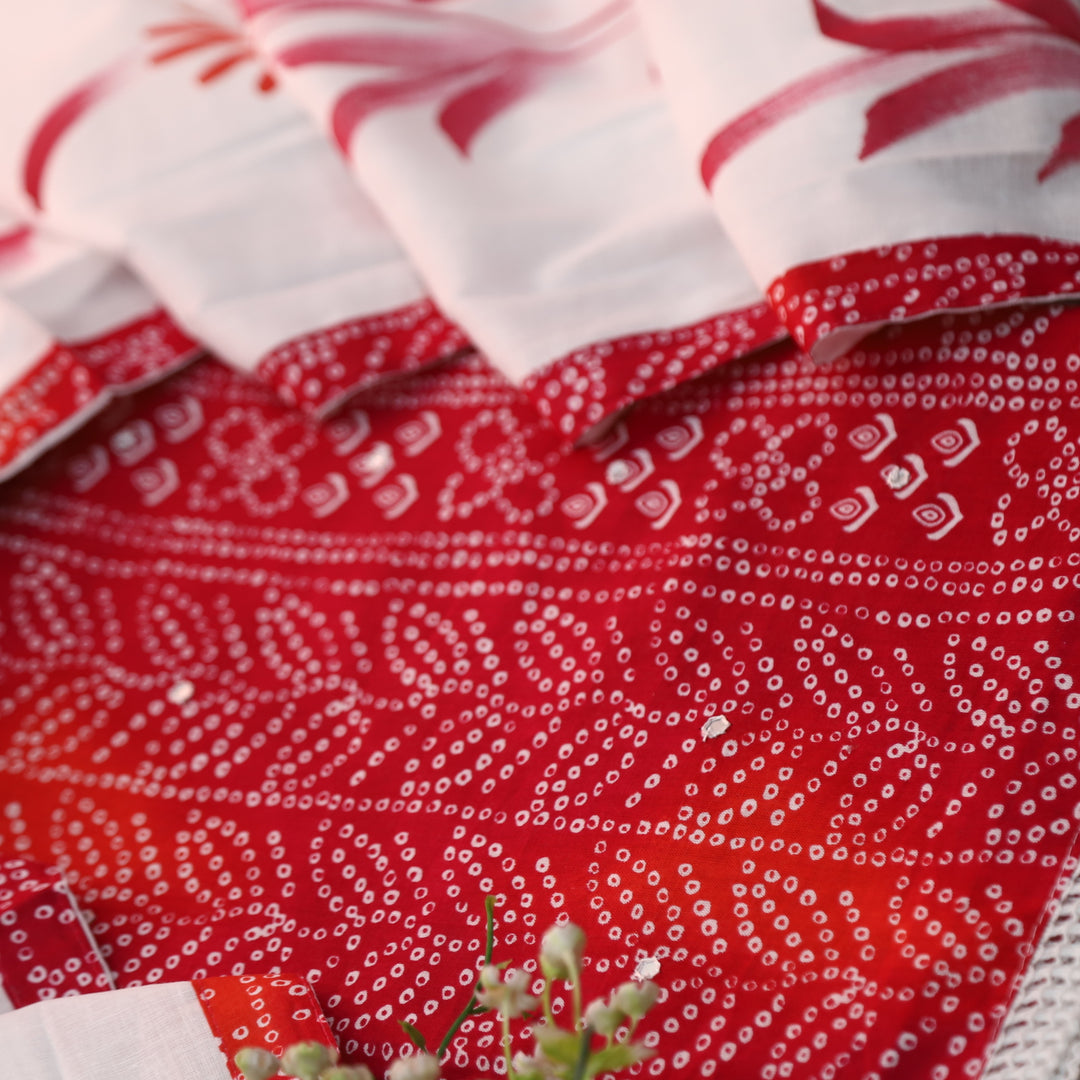 Riwa Cherry Red Patra Work Detailing Bandhani Printed Cotton Suit Set
