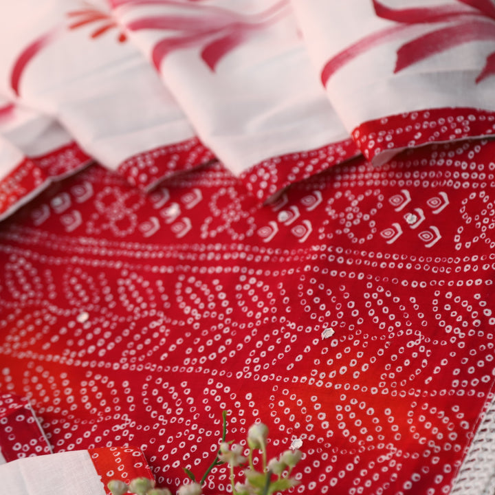 Riwa Cherry Red Patra Work Detailing Bandhani Printed Cotton Suit Set