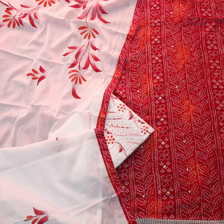 Riwa Cherry Red Patra Work Detailing Bandhani Printed Cotton Suit Set