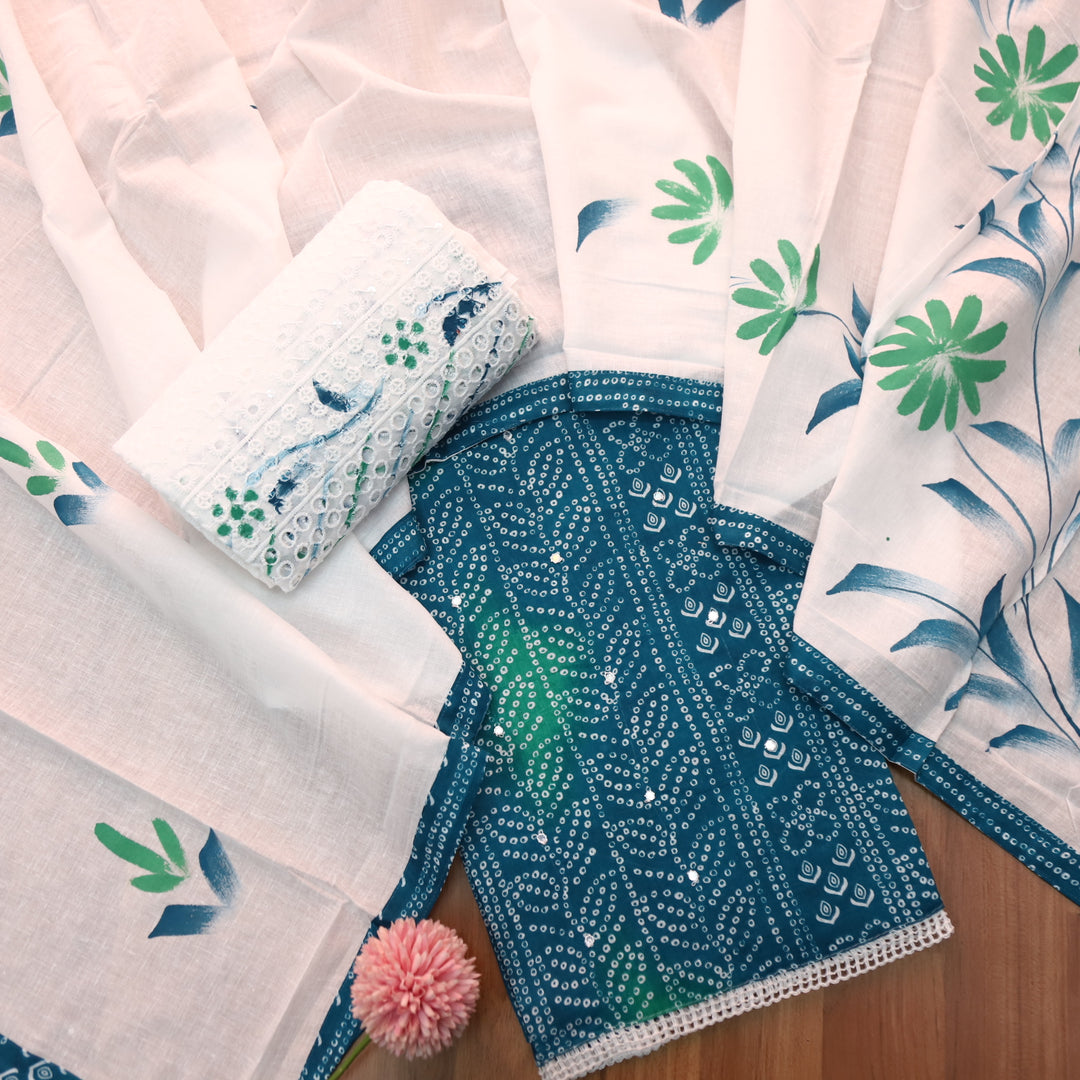 Riwa Cerulean Blue Patra Work Detailing Bandhani Printed Cotton Suit Set