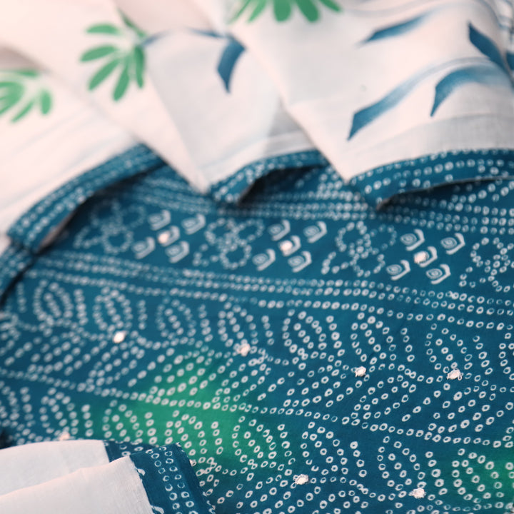 Riwa Cerulean Blue Patra Work Detailing Bandhani Printed Cotton Suit Set