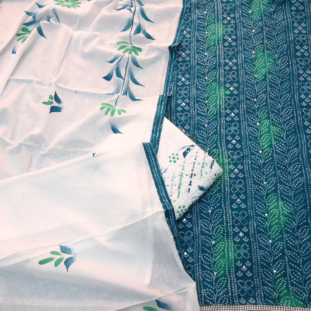 Riwa Cerulean Blue Patra Work Detailing Bandhani Printed Cotton Suit Set