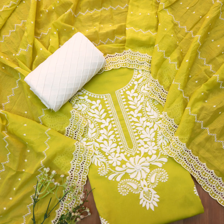 Suroor Mustard Yellow Chikankari Inspired Neck Thread Work Cotton Suit Set